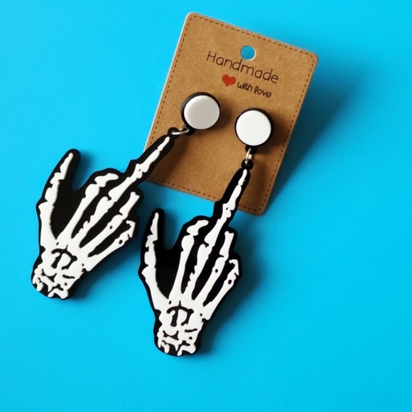 Skeleton Middle Finger Hanging Earrings Gothic Skull Hand New - Picture 1 of 4